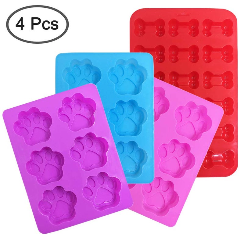 FineGood 4 Pcs Silicone Candy Chocolate Molds, FineGood Puppy Dog Paw & Bone Shaped Ice Cube Trays Cookies Baking Pans for Making Frozen Dog Treats Soap Bars - Red, Blue, Purple, Pink - Image 2